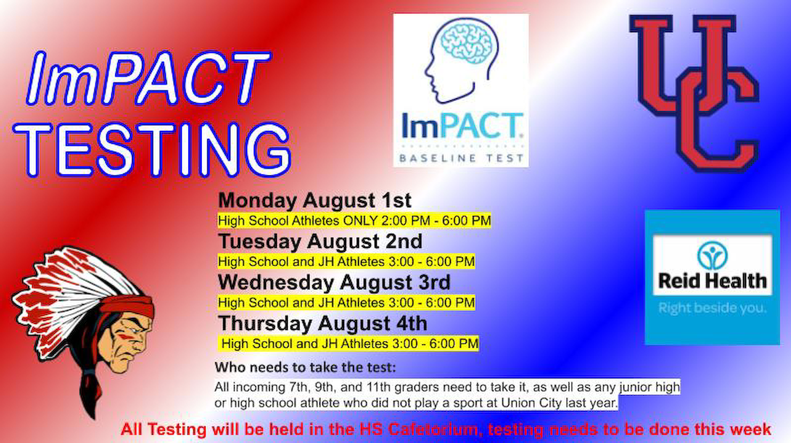 ImPACT TESTING starting Monday August 1st cover photo